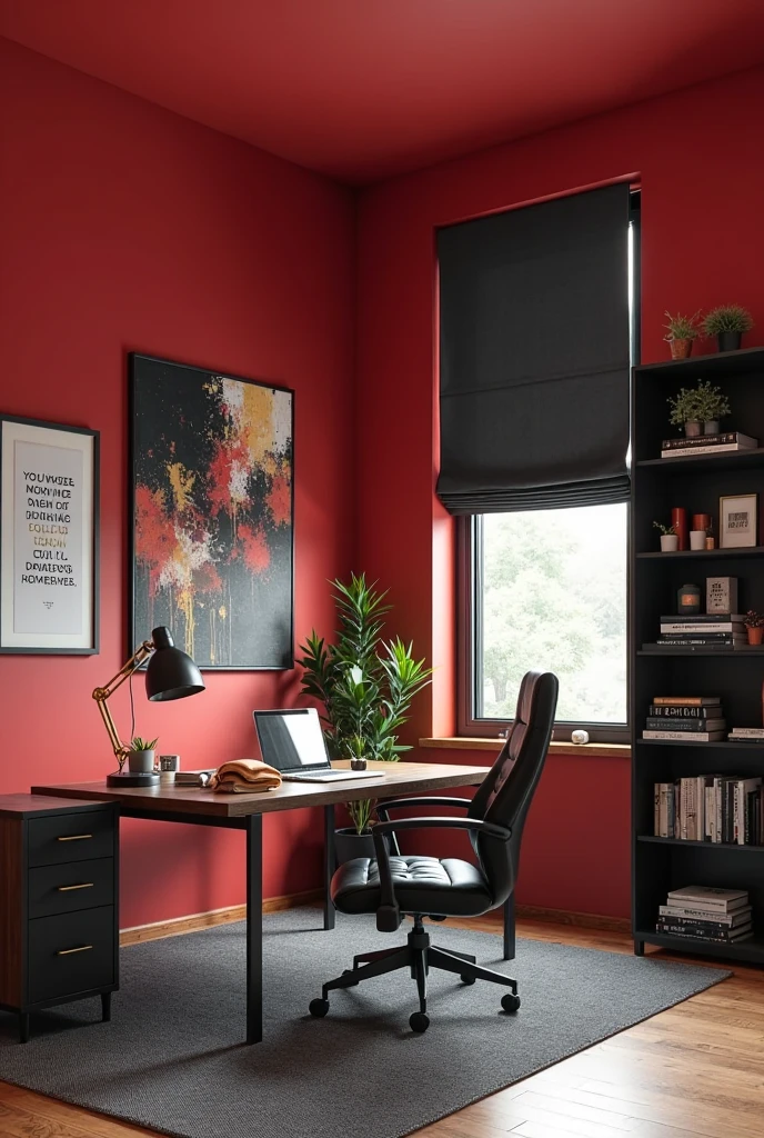 bold and stylish home office painted in a rich, matte crimson red. The walls are smooth and evenly coated, creating a vibrant backdrop that energizes the space. A large dark walnut desk with clean lines sits centered in front of a tall window dressed in black linen Roman shades. On the desk, there is a black desk lamp with a brass arm, a closed leather-bound notebook, a laptop, and a ceramic mug. Behind the desk stands a tall black bookcase filled with books, decorative storage boxes, and small potted plants. A black ergonomic office chair with a high back and leather upholstery is tucked under the desk. The floor is medium-toned hardwood with a charcoal gray area rug beneath the workstation. On one side wall hangs a large framed abstract painting with splashes of black, red, and gold. A single black-framed motivational quote print hangs near the door. The overall space feels focused, stylish, and tailored for productivity with an empowering red atmosphere.