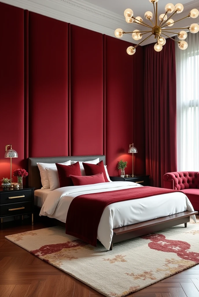 luxurious bedroom featuring upholstered wall panels in rich crimson red velvet. The panels cover the entire wall behind the bed from floor to ceiling, evenly spaced with soft vertical seams, adding both texture and dramatic depth. The bed has a low-profile dark wood frame with crisp white linens, a garnet velvet throw blanket, and layered pillows in red, cream, and gold tones. Flanking the bed are two black lacquer nightstands with brass handles, each topped with a sculptural gold lamp and a small vase of fresh red roses. The floor is warm walnut wood with a large cream and burgundy patterned area rug under the bed. A soft glow comes from a statement chandelier with frosted glass globes and brass arms. To one side, a tufted red velvet chaise lounge sits beneath a tall window dressed in sheer white curtains and heavy burgundy drapes. The room feels indulgent, tactile, and cocooned in elegance, with every surface designed for visual and acoustic softness.