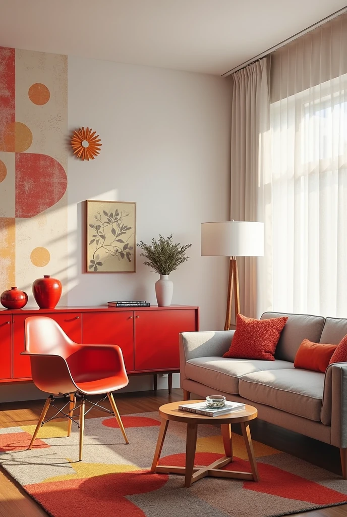 mid-century modern living room infused with bold red flair. The space features clean white walls, with one accent wall covered in retro geometric wallpaper in shades of red, cream, and burnt orange. A cherry red lacquered sideboard with tapered wooden legs sits against the wallpapered wall, styled with vintage ceramic vases and a sunburst clock hanging above. In front of a large window framed by sheer white curtains, a classic Eames-style molded plastic armchair in bright red rests beside a slim walnut floor lamp with a white drum shade. A low-profile sofa in soft gray upholstery is adorned with red and orange patterned throw pillows. The floor is warm-toned wood, partially covered by a flatwoven area rug featuring mid-century patterns in red, mustard, and brown. A round teak coffee table holds stacked design books and a glass ashtray. The room is bathed in natural light, creating a vibrant yet balanced atmosphere full of vintage personality and iconic design.
