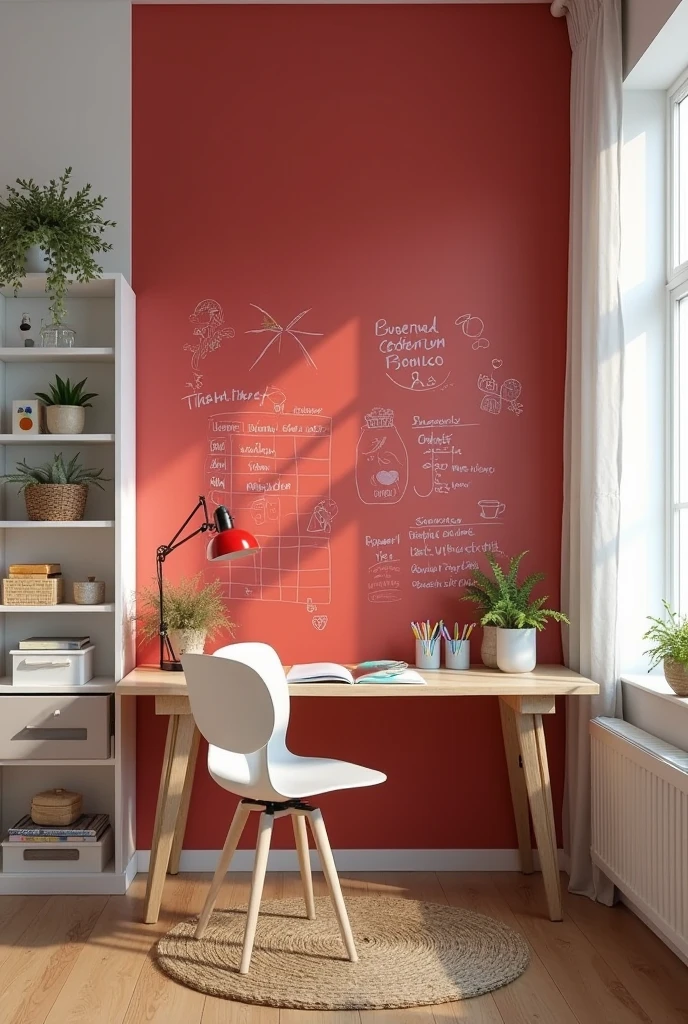 Photorealistic, beautiful and detailed image of a creative studio space featuring a bold red chalkboard wall. The chalkboard wall is painted in a deep, matte cherry red with a smooth, writable surface, partially covered with playful chalk doodles, handwritten notes, and a weekly schedule drawn in white and pastel-colored chalk. The rest of the room features clean white walls, allowing the red wall to stand out as a vibrant focal point. A light wood desk with tapered legs is placed in front of the chalkboard, holding sketchbooks, colored pencils in ceramic cups, and a small desk lamp with a red metal shade. A modern white swivel chair with a cushioned seat is tucked under the desk. Floating white shelves beside the wall display art supplies, craft bins, and small potted plants. The floor is warm oak with a round woven jute rug in the center. Natural light filters in through a large window with sheer white curtains, illuminating the playful, functional, and energizing atmosphere of this imaginative space.