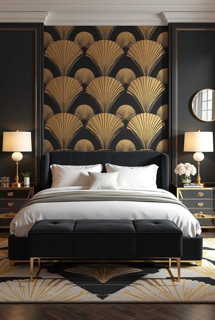 bedroom interior inspired by modern Art Deco design, blending 1920s glamour with contemporary elegance. The feature wall behind the bed is covered in luxurious wallpaper with a repeating gold fan pattern on a matte black background, creating bold geometric visual interest. The bed features a velvet upholstered headboard in deep charcoal with clean lines, framed by gold trim. Mirrored nightstands with angular silhouettes and polished edges sit on each side, topped with sleek gold table lamps featuring multiple frosted glass globes arranged symmetrically on slender gold arms. A lacquered black dresser with gold hardware stands along one wall, reflecting ambient light from the fixtures. Above the bed hangs a gold geometric wall sculpture that adds dimension and sparkle. The floor is dark herringbone wood, partially covered by a black and gold area rug with a bold Art Deco motif. Crisp white bedding with subtle gold piping adds contrast and softness, while gold-accented accessories—such as a round mirror, trays, and decorative boxes—complete the look. The room feels structured, glamorous, and impeccably styled, with perfect symmetry and vintage-modern charm.
