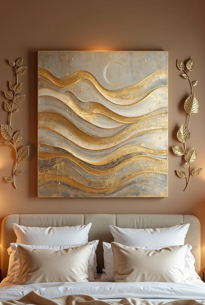 bedroom interior featuring an elegant display of gold-toned artwork and three-dimensional wall sculptures as the focal point above the bed. The main piece is a large abstract canvas painted with metallic gold leaf and brushed gold paint, creating textured waves and geometric shapes that catch and reflect light dynamically. Surrounding the canvas are several smaller gold metal wall sculptures in varying shapes—delicate botanical leaves with gilded veins and celestial-inspired designs including stars and crescent moons with intricate filigree detailing. These sculptures have a slightly raised, three-dimensional effect, adding depth and visual interest to the feature wall. The wall itself is painted in a soft warm taupe, providing a subtle contrast that enhances the gold elements. The bed beneath is upholstered in neutral beige fabric with crisp white and muted gold bedding. Soft, warm lighting from bedside lamps highlights the shimmer and texture of the gold artwork, creating a refined, artistic, and inviting atmosphere.
