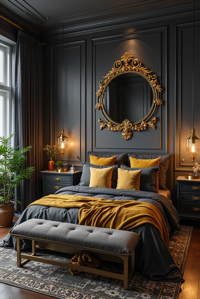 bedroom interior featuring deep charcoal gray walls that envelop the space in a rich, cocoon-like atmosphere. A large, ornate gold-leaf mirror with intricate detailing hangs above a dark wooden dresser, reflecting soft ambient light. The bed is dressed in luxurious charcoal linens layered with soft golden throw pillows and a textured gold velvet blanket draped casually at the foot. On each side of the bed, sleek bedside tables hold elegant gold table lamps with warm glowing bulbs and matte gold bases. A few natural wooden accents appear in the form of a sculptural bench at the foot of the bed and a small side stool, adding warmth and texture. Lush green potted plants sit near a window framed with charcoal curtains, bringing freshness and life to the moody setting. The floor is dark hardwood partially covered by a charcoal and gold patterned area rug that ties the palette together. This space perfectly balances dramatic depth with inviting warmth through a sophisticated charcoal and gold combination.