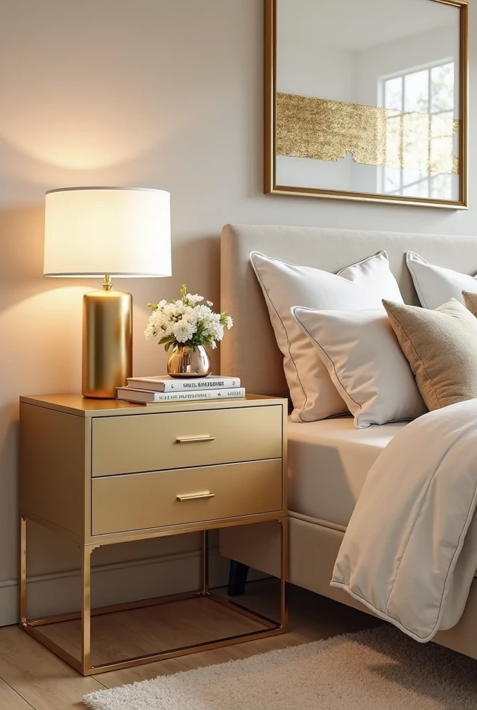 bedroom interior featuring sleek gold-tone nightstands that elevate the space with understated elegance. Each nightstand has a modern design with a matte gold finish and clean lines, featuring slim gold legs and subtle gold handles on the drawers. Atop the nightstands sit matching gold table lamps with cylindrical bases and soft white fabric shades, casting warm ambient light. Above one nightstand hangs a medium-sized gold-framed abstract artwork with textured metallic accents that catch the light. On the surface of the other nightstand rests a decorative gold tray holding a small vase with fresh white flowers and a few elegant books. The bed is upholstered in neutral cream fabric with layered white and gold-accented bedding that complements the nightstands. The room’s walls are painted a soft beige, creating a warm and balanced backdrop that allows the gold elements to shine. The floor features light hardwood partially covered by a cream area rug. This composition highlights how gold-tone nightstands provide a simple yet impactful upgrade to a sophisticated bedroom design.