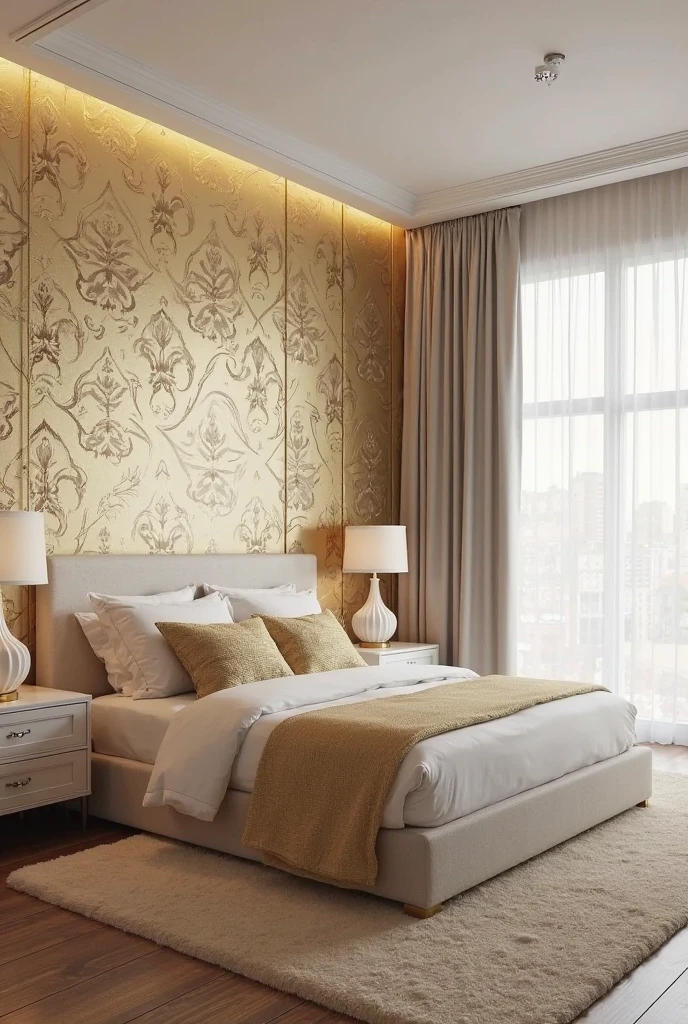 bedroom interior featuring a single accent wall covered in luxe gold wallpaper with an intricate botanical damask pattern. The wallpaper has a subtle metallic sheen that softly reflects ambient light, creating depth and warmth without overpowering the room. The wall behind the bed serves as the focal point, with a low-profile upholstered headboard in soft ivory fabric complementing the rich gold tones. The bed is dressed in crisp white linens layered with textured gold-accented throw pillows and a lightweight champagne-colored blanket. Neutral-toned furniture, including a light wood dresser and matching bedside tables, balances the opulence of the wallpaper. On the nightstands, simple white ceramic lamps with gold bases provide gentle illumination. The floor is medium-tone hardwood partially covered by a plush cream rug that adds softness. Sheer white curtains frame tall windows, allowing natural light to diffuse through and enhance the golden glow of the wallpaper. This design blends lavish gold details with calming neutrals, creating a glamorous yet inviting bedroom retreat.