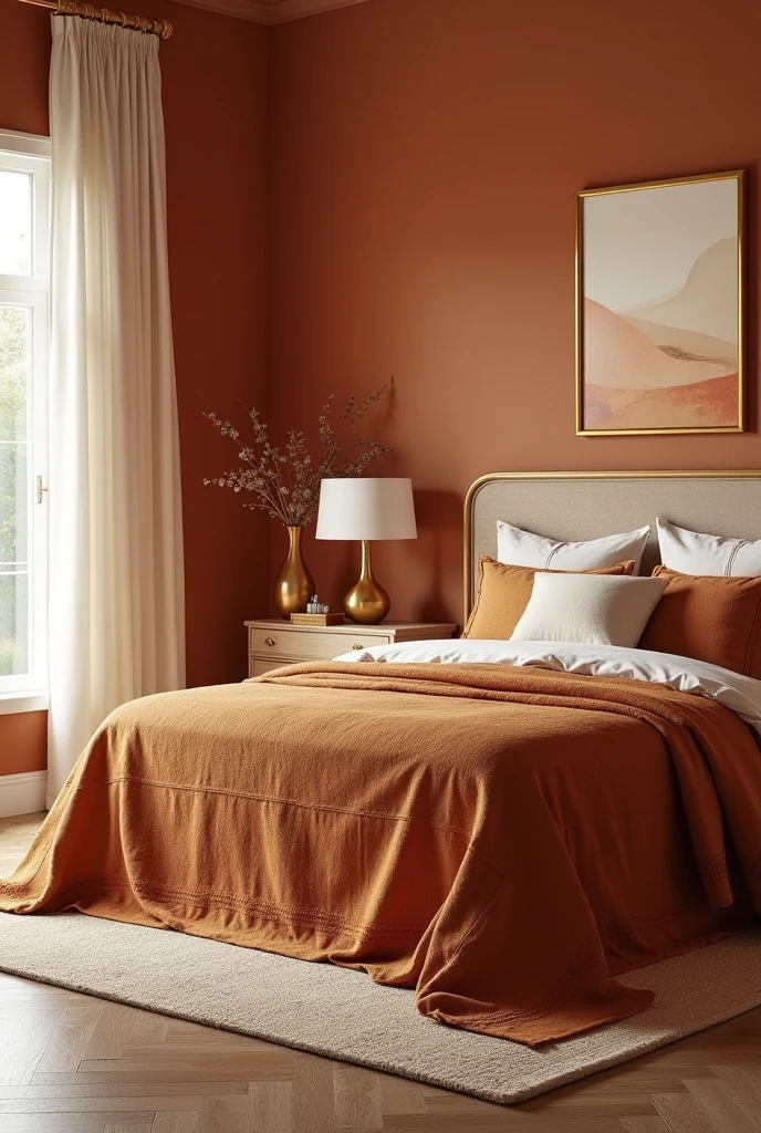 bedroom interior featuring a warm and inviting blend of terracotta and gold tones. The walls are painted in a rich terracotta shade with a matte finish, creating a cozy, sunbaked atmosphere reminiscent of Mediterranean interiors. The bed is dressed in a textured terracotta bedspread with subtle golden embroidery along the edges, layered with soft white sheets and decorative pillows in a mix of solid terracotta and muted gold fabrics. A gold metallic lamp with a curved base and a white linen shade sits on a natural wood nightstand beside the bed. Above the headboard, a gold-framed abstract artwork adds a sophisticated focal point. The flooring is medium-tone wood, partially covered by a woven cream and terracotta area rug. A small decorative tray with gold trim holds a terracotta-colored vase filled with dried flowers on the dresser. Light filters through off-white curtains, gently illuminating the golden accents and warming the entire room. The space feels grounded, elegant, and full of character, with perfectly balanced earthy and luminous elements