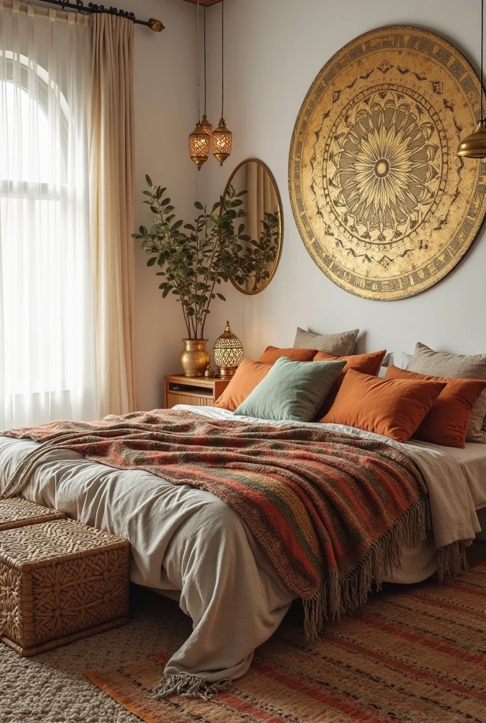 bedroom interior styled in a Bohemian Luxe aesthetic, blending relaxed eclectic charm with touches of golden elegance. The backdrop is a soft white wall that allows the layered decor to shine. The bed is low and wide, dressed in a mix of textured throws and cushions in earthy tones such as rust, ochre, and deep olive, with intricate woven and embroidered patterns. A large, gilded mandala wall hanging in distressed gold finish serves as the focal point above the bed, radiating warmth and visual richness. On one side of the bed, a rattan nightstand holds a small brass lantern with pierced detailing, casting patterned light across the room. A brass-framed mirror with an arched shape leans casually against the wall, reflecting the soft natural light filtering through gauzy white curtains. The floor is layered with a patchwork of woven rugs in warm tones, and a reclaimed wood bench with macramé accents sits at the foot of the bed. Hanging from the ceiling, a cluster of golden Moroccan-style pendant lanterns adds a subtle glow. Every detail blends casual, earthy textures with gleaming gold elements to create a dreamy, free-spirited yet sophisticated sanctuary.

