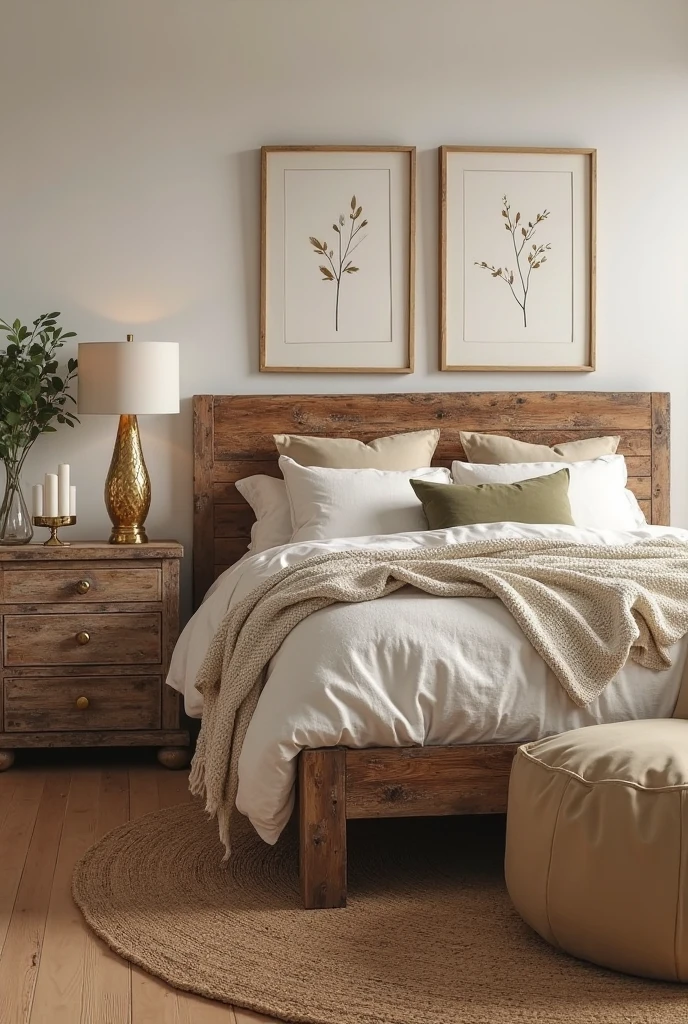 bedroom interior styled in a rustic glam fusion, combining raw, earthy textures with elegant golden accents. The bed features a reclaimed wood frame with visible grain and natural imperfections, lending warmth and authenticity to the room. The bedding is layered with off-white linen sheets, a chunky knit cream throw, and cushions in soft beige and muted olive tones. On one side of the bed, a distressed wood nightstand holds a gold leaf lamp with a sculpted base and a simple ivory shade, casting a soft, warm light. Above the headboard, a set of three gold metal-framed artworks with minimalist line drawings adds a subtle touch of glam. A brass candlestick with slender white taper candles sits atop a vintage-style wooden dresser, its surface worn and beautifully aged. The floor is wide-plank natural wood, partially covered by a woven jute rug in a sandy tone. In one corner, a cozy armchair with a neutral slipcover and a golden side table completes the setting. The space feels grounded, inviting, and rich in character, effortlessly blending rustic charm with refined golden elegance.
