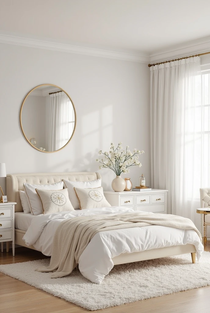 bedroom interior in a classic white and gold palette, featuring a refined layout with a fresh sense of balance and flow. The bed is placed centrally against the longest wall, framed by sheer white curtains that hang from ceiling to floor, creating a soft backdrop in place of a headboard. The bed is upholstered in creamy white linen and dressed in crisp white bedding, a gold-trimmed throw blanket casually draped across one corner, and a combination of gold-accented and embroidered white pillows.

To the left of the bed, a classic white dresser with brass handles stands beneath a large, round gilded mirror. The dresser is topped with a sculptural gold lamp with a cream linen shade, a small glass vase holding white peonies, and a gold tray with perfume bottles. On the opposite side of the room, near a corner window, sits a cozy reading nook with a tufted white armchair and a small round gold side table topped with a brass candlestick and an open book.

Instead of traditional bedside tables, a single floating shelf in white with gold brackets runs along the wall on one side of the bed, holding a minimalist gold sconce and a couple of decorative objects. A large, plush white rug anchors the space beneath the bed, contrasting beautifully with the light natural wood flooring. The overall layout offers a soft, open flow with clear visual focal points, enhancing the elegant, bright, and tranquil ambiance of this timeless white and gold bedroom.
