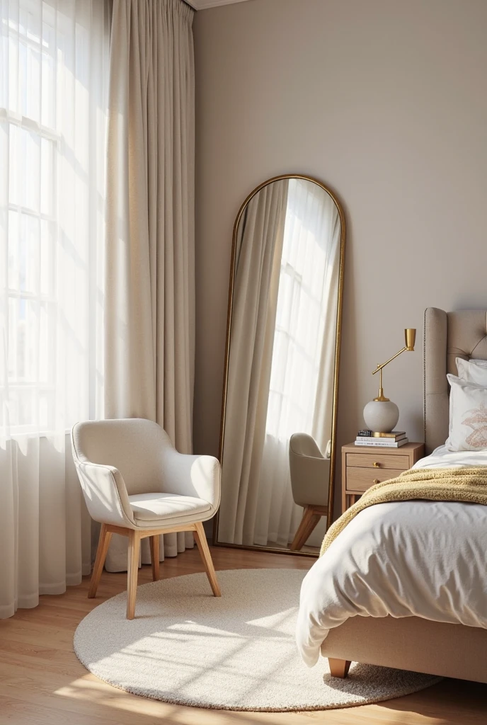 bedroom interior featuring a tall full-length floor mirror with a gold frame, positioned strategically near a large window to reflect natural light and visually expand the space. The mirror has a slim, brushed gold frame with subtle beveled edges, leaning elegantly against a soft greige wall. To the left of the mirror, a cream-colored accent chair with a curved back and light wood legs creates a cozy dressing nook. A round, textured ivory rug is placed beneath the chair and mirror, adding warmth and softness underfoot.

The bed, visible in the background, is upholstered in light taupe linen and layered with white bedding, a gold-accented throw, and soft beige pillows. A minimalist nightstand with gold hardware sits beside the bed, topped with a matte ceramic lamp with a muted gold base. The floor is light natural oak, and sheer white curtains hang from ceiling to floor, gently diffusing sunlight throughout the room. Small decorative touches—like a nearby gold floor lamp and a stack of fashion books on the rug—enhance the lived-in, refined feel. The gold-framed mirror serves as a functional focal point, bringing brightness, elegance, and everyday utility to this serene, beautifully composed bedroom.