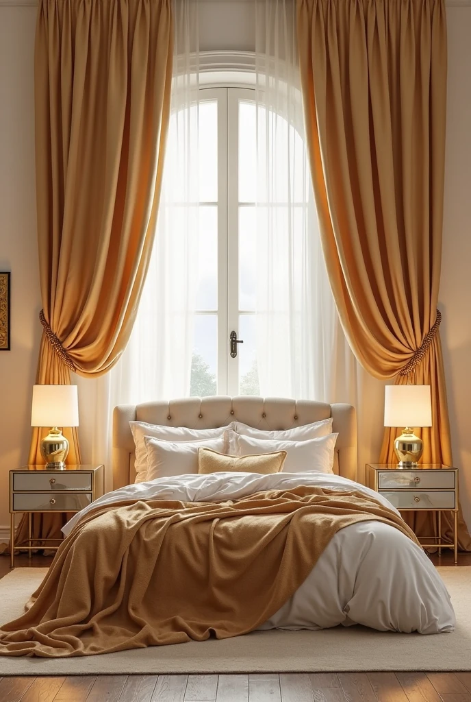 bedroom interior featuring romantic floor-to-ceiling gold curtains made from soft, satiny fabric in a warm champagne hue. The curtains are gently draped on either side of a tall window, held open during the day with elegant braided tiebacks in matching gold thread, allowing soft natural light to pour into the room. At night, the curtains are designed to fall in rich, fluid folds, creating a luxurious, cocoon-like atmosphere.

The walls are painted in a warm, soft ivory, offering a neutral backdrop that allows the golden tones to glow. The bed is positioned in front of the window, dressed in crisp white linens and layered with a plush ivory duvet, a honey-gold velvet throw blanket, and accent pillows in light taupe and muted gold. A tufted headboard in a light beige fabric adds a romantic touch. On each side of the bed are mirrored nightstands topped with sculptural brass lamps with white shades that cast a warm, ambient glow.

The flooring is wide-plank natural oak, partially covered by a soft cream rug with subtle texture. A small gold-framed artwork hangs above one nightstand, complementing the soft gleam of the drapery. The overall ambiance of the room is dreamy, serene, and intimate—perfectly blending softness, elegance, and golden warmth.
