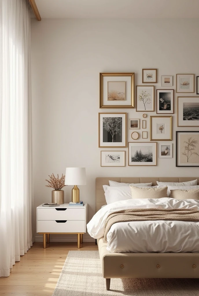 bedroom interior featuring a curated gallery wall composed of various gold frames in brushed brass, antique gold, and soft champagne finishes. The wall, painted in a warm off-white tone, serves as the backdrop for the dynamic arrangement of artwork above a mid-century modern upholstered bed in muted beige fabric. The gallery includes a mix of personal black-and-white photographs, abstract watercolor prints in soft neutrals, delicate minimalist line art, and several small round mirrors with thin gold frames that catch and reflect light subtly.

The frames vary in size and shape, arranged thoughtfully in a balanced yet informal grid, creating visual interest without clutter. Beneath the gallery, the bed is layered with crisp white linens, a light taupe throw blanket, and accent pillows in ivory and pale gold tones. On one side of the bed, a white lacquered nightstand with gold hardware supports a matte gold lamp with a simple cylindrical white shade. The flooring is light natural wood, softened by a large textured cream area rug. Soft natural light filters through sheer white curtains, illuminating the warm metallic hues and enhancing the room’s elegant yet personal ambiance. This gallery wall adds character and a refined sense of style, perfectly complementing the luxurious gold bedroom design.

