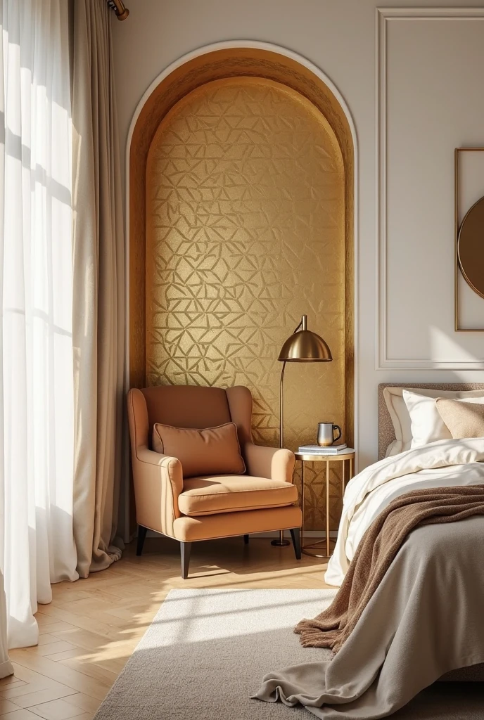 bedroom interior featuring a small alcove richly adorned with patterned gold wallpaper showcasing an intricate geometric design in matte and satin gold tones. The wallpaper adds depth and elegance, softly reflecting ambient light and defining the alcove as a distinct, inviting space. Within the alcove sits a cozy armchair upholstered in warm camel-colored velvet, its plush cushions inviting relaxation.

Next to the chair stands a slender floor lamp with a brushed gold base and a warm cream fabric shade, casting a soft, comforting glow perfect for reading. A small round side table with a gold metal frame and a natural wood top holds a ceramic cup and a closed book, emphasizing the nook’s peaceful purpose. The alcove is framed by soft off-white walls matching the rest of the bedroom, where a queen-sized bed with ivory linens and a taupe throw blanket is positioned nearby.

Light natural wood flooring extends throughout the room, complemented by a textured ivory area rug beneath the armchair. Sheer white curtains diffuse sunlight streaming through a nearby window, creating a serene atmosphere. The gold wallpapered alcove acts as an elegant focal point and cozy retreat, blending subtle luxury and functional comfort within the gold-themed bedroom design.
