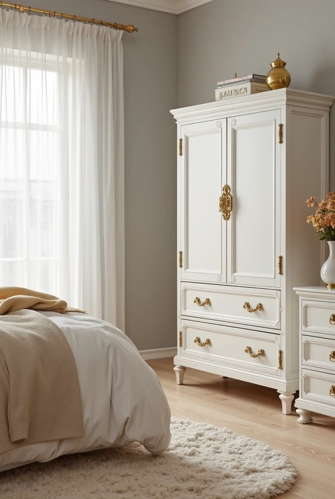 bedroom interior highlighting antique gold hardware as a subtle yet impactful design element. The focus is on a classic white wooden dresser featuring ornate vintage-style drawer pulls and knobs in warm antique gold with intricate detailing and a slightly aged patina, adding character and refinement. Adjacent to the dresser is a matching white wardrobe with minimalist brushed gold handles, sleek and understated, creating a harmonious contrast that balances traditional elegance with modern simplicity.

A coordinating nightstand nearby showcases similar antique gold hardware on its drawers, complementing the overall furniture set. The surrounding walls are painted in a soft dove gray, providing a neutral and calming backdrop. The bed features crisp white linens layered with a soft beige throw blanket and golden accent pillows. Light hardwood flooring with a subtle grain pattern runs throughout the room, softened by a plush cream area rug beneath the bed.

Natural light filters through sheer white curtains, gently illuminating the golden finishes and highlighting their texture. The room feels carefully curated, blending timeless details with practical function, where the antique gold hardware elevates the furniture and enhances the elegant, cozy atmosphere of this refined gold bedroom design.
