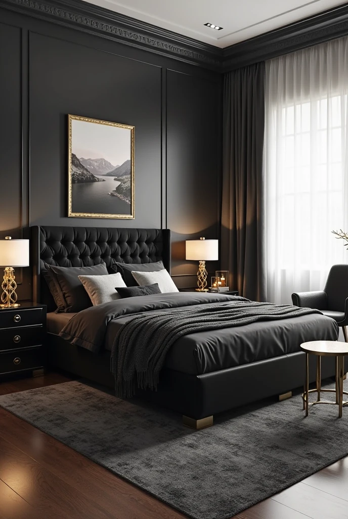 bedroom interior showcasing bold black and gold drama with sophisticated contrast and warmth. The walls are painted in deep matte black, creating a rich and enveloping backdrop. A low-profile platform bed features black velvet upholstery with tufted detailing, dressed in luxurious black linens layered with soft charcoal gray and white accent pillows to soften the darkness.

On either side of the bed are sleek black lacquered nightstands topped with sculptural gold table lamps featuring geometric bases and soft white lampshades, casting a warm glow that highlights the metallic accents. A small round gold accent table with a polished surface stands near a black leather armchair with clean lines and brass nailhead trim.

The floor is covered with a plush charcoal gray area rug, which contrasts with the polished dark hardwood flooring underneath. Sheer white curtains filter natural light from a nearby window, adding brightness and balance to the dramatic color palette. Carefully placed gold decorative objects such as candleholders, picture frames, and a vase complete the look, infusing the space with modern glam and contemporary opulence.