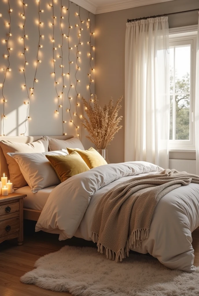 bedroom interior softly illuminated by warm gold string lights artfully strung along the pale warm gray walls in gentle, flowing lines that create a whimsical and inviting glow. The small bulbs are encased in delicate gold wire, casting a cozy, ambient light that bathes the room in a comforting golden hue. The bed, a simple low-profile frame upholstered in creamy ivory fabric with a modest headboard, is dressed in plush bedding featuring soft white sheets, a thick knit beige throw, and velvet pillows in muted gold and ivory tones.

A rustic wooden nightstand sits beside the bed, holding a cluster of lit candles in frosted glass holders that add flickering warmth to the space. The floor is natural oak with a thick ivory area rug providing softness and comfort underfoot. Sheer white curtains hang at the window, diffusing fading daylight and blending harmoniously with the gentle glow from the string lights.

The overall atmosphere is dreamy and serene, balancing understated elegance with a magical, cozy ambiance that invites relaxation and restful sleep. This subtle use of gold string lights along the walls creates an easy yet captivating touch within the warm, textured bedroom design.