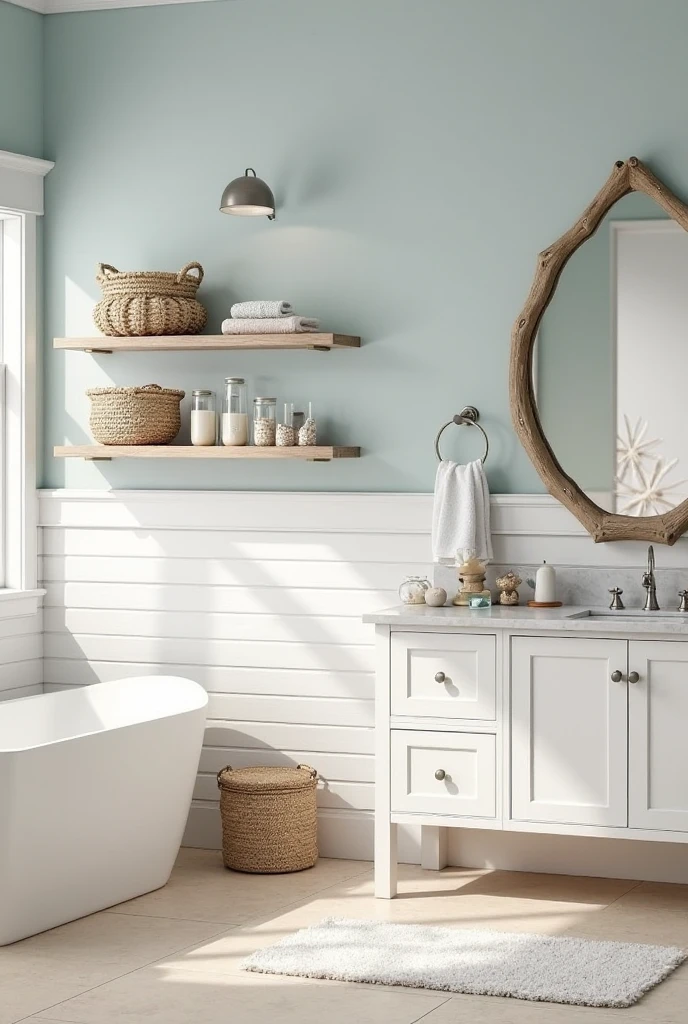 bathroom interior designed in a coastal chic style. The upper walls are painted in a soft muted sky blue, while the lower half features bright white horizontal shiplap paneling that adds texture and depth. The bathroom has a large window letting in natural daylight, creating a breezy, fresh atmosphere. A freestanding white porcelain bathtub sits near the window on light sand-colored tile flooring. Above the vanity, there’s a round mirror with a driftwood frame. The vanity is white with brushed nickel hardware and a marble countertop. On the shelves and counters are neatly arranged woven baskets and coastal-inspired decor such as coral pieces, seashells, and glass jars filled with sand and tiny pebbles. A soft white towel hangs from a brushed nickel towel ring. The overall palette is light and calming, evoking the tranquility of an oceanfront retreat.