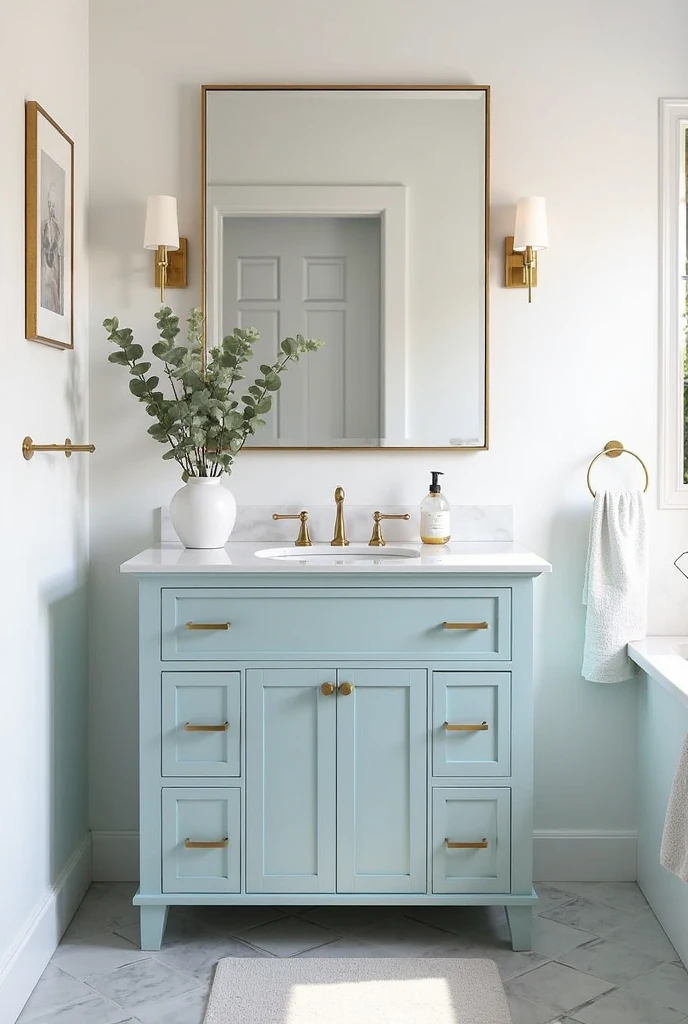 bathroom interior featuring a soft powder blue vanity as the central focal point. The vanity has a matte finish and is crafted in a traditional shaker style, topped with a polished white quartz countertop. Sleek gold hardware accents the drawers and cabinet doors, adding warmth and elegance. Above the vanity hangs a large rectangular mirror with a thin brushed gold frame. The walls are painted crisp white, creating a clean contrast with the vanity. The floor is laid with light gray marble tiles in a herringbone pattern. On the vanity countertop, there is a small white ceramic vase with eucalyptus stems, a glass soap dispenser, and a folded hand towel. The bathroom includes subtle decorative touches like framed minimalist artwork on the wall, a gold towel ring beside the vanity, and soft natural light filtering through a frosted window, creating a calm and elegant atmosphere.