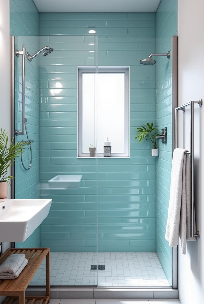 bathroom with glossy sky blue subway tiles covering the shower walls in a classic horizontal brick pattern. The tiles are shiny and reflect soft natural light from a frosted window, making the space feel bright and open. White grout lines create a clean contrast against the light blue tiles. The shower has a clear glass door with brushed nickel hardware and a simple rain showerhead. The rest of the walls are painted white. A white porcelain sink with a chrome faucet stands nearby. The floor is covered in large light grey tiles. A small green plant sits on a wooden shelf, and a white towel hangs neatly on a brushed nickel towel bar. The overall look is fresh, calm, and airy.