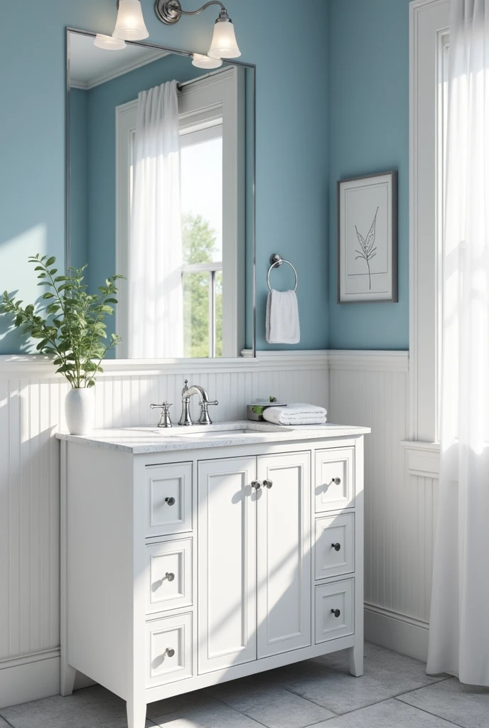 bathroom with upper walls painted in a delicate baby blue and the lower half finished with bright white ceramic wainscoting in a classic vertical panel design. The transition between the blue and white is defined by a narrow white chair rail molding. The bathroom features a white wooden vanity with recessed panel doors and chrome handles, topped with a white quartz countertop and an under-mount sink. Above the vanity is a large frameless mirror reflecting soft natural light from a nearby window with sheer white curtains. The floor is tiled in pale gray ceramic in a clean grid layout. A chrome faucet, chrome towel ring with a folded white towel, and a simple ceiling-mounted light fixture with a frosted glass shade complete the look. Decorative touches include a small white vase with fresh green eucalyptus on the countertop and a framed minimalist line drawing on the blue wall. The overall space feels calm, structured, and fresh.