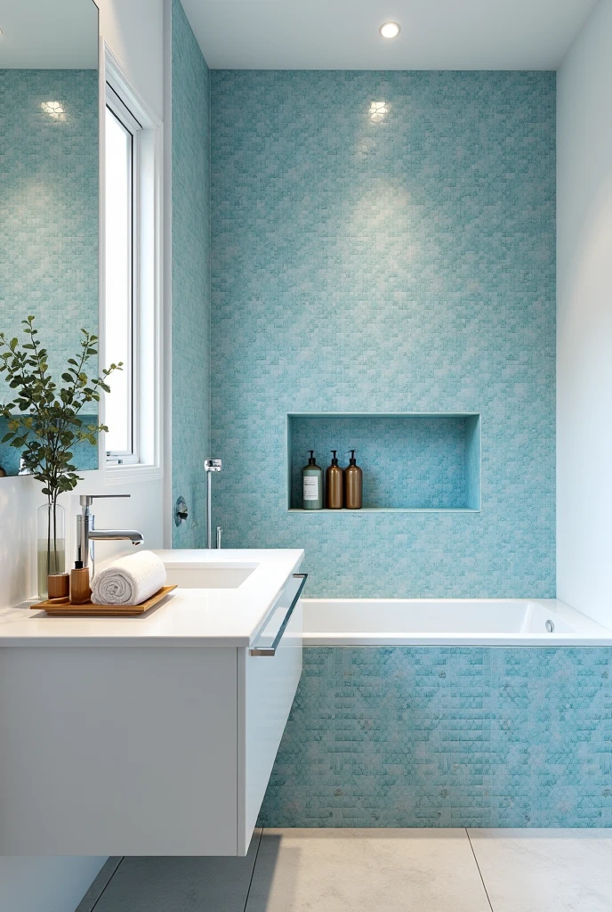 bathroom featuring a full feature wall tiled with small-format mosaic tiles in various shades of light blue, arranged in a tight grid. The tiles have an iridescent finish that reflects light, creating a soft shimmer across the surface. The rest of the walls are painted crisp white, enhancing the brightness of the space. A floating white vanity with a clean rectangular shape sits beneath a large frameless mirror. The countertop is white quartz with an integrated sink and a minimalist chrome faucet. On the counter are bamboo accessories including a soap dispenser, a toothbrush holder, and a tray with rolled soft white towels. A tall clear vase with fresh eucalyptus branches adds a touch of greenery. The floor is covered in pale stone-look tiles. A recessed shower niche is also lined with matching blue mosaic tiles, containing neatly arranged shampoo bottles. The atmosphere is calm, refreshing, and spa-like.
