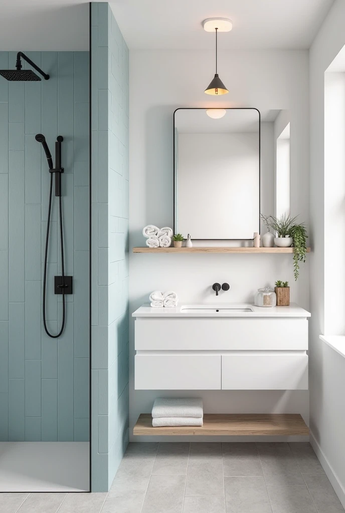 bathroom designed in a Scandinavian minimalist style. The shower walls are tiled with pale blue matte tiles in a simple rectangular shape, arranged in a vertical stack pattern. The rest of the walls are painted bright white, enhancing the clean, airy feel of the space. A sleek white floating vanity with flat-front drawers sits beneath a large frameless mirror. The countertop is pure white with an integrated sink and a matte black faucet. Natural wood open shelving is mounted beside the vanity, holding folded white towels, small potted plants, and simple ceramic containers. The floor is finished in pale gray tiles with a smooth concrete-like texture. Black fixtures, including a towel hook and showerhead, add contrast and a modern touch. A soft ambient ceiling light casts a warm glow, while a narrow frosted window brings in natural light. The space feels calm, functional, and effortlessly stylish.
