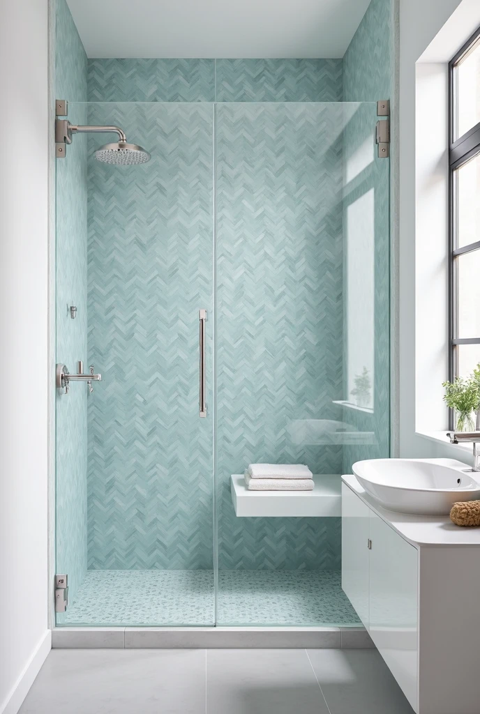 bathroom featuring a walk-in shower with light blue glass tiles arranged in a precise herringbone pattern that covers the entire shower wall from floor to ceiling. The tiles vary subtly in shade, ranging from pale icy blue to soft seafoam, adding depth and visual texture. The shower enclosure is framed with clear glass panels and a frameless glass door with minimalist brushed nickel hinges and handle. Inside the shower, a sleek wall-mounted chrome rain showerhead and matching control valve maintain a clean, modern look. The rest of the bathroom walls are painted crisp white, creating a sharp contrast that draws attention to the tilework. The floor is finished in smooth, light gray concrete tiles. A floating white bench inside the shower holds a folded towel and a wooden bath brush. Outside the shower, a narrow white vanity with a single basin sink and chrome faucet sits beneath a frameless mirror. The design feels polished, refined, and quietly luxurious.
