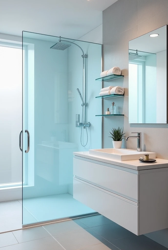 bathroom with a sleek, modern design featuring frosted blue glass accents throughout. A custom frosted blue glass shower partition separates the walk-in shower from the rest of the space, allowing light to filter through while maintaining privacy. Inside the shower, the walls are lined with smooth white tiles and a minimalist chrome rain showerhead is mounted above. The bathroom features a floating white vanity with flat-panel drawers and a white quartz countertop, paired with a chrome faucet. Above the vanity hangs a large frameless mirror. Two frosted blue glass shelves are mounted on the wall beside the mirror, each holding neatly folded white towels, a soap dispenser, and a small potted plant. The floor is covered in light gray stone tiles with a soft matte finish. Additional details include a frosted blue glass soap dish on the counter and a minimalist wall-mounted towel rail in chrome. The entire space feels open, cohesive, and elegantly contemporary.