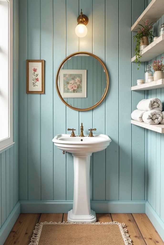 bathroom with vertical wooden paneling painted in a soft, vintage light blue, covering all the walls and adding rich texture and cottage charm. A classic white pedestal sink with elegant curves stands centered beneath a round vintage-style mirror with a thin brass frame. The sink features vintage brass faucets with cross handles. On the wall hangs a delicate framed floral artwork in muted pastel tones. To the right, open white wooden shelves are mounted on the wall, displaying neatly folded lace-edged white towels, antique glass jars with bath salts and soaps, and a small ceramic pitcher with fresh wildflowers. The floor is covered in warm-toned natural wood planks, slightly distressed for a rustic feel. A simple woven jute rug lies in front of the sink. The lighting is soft and warm, coming from a ceiling-mounted brass fixture with a frosted glass globe. The overall atmosphere is cozy, romantic, and full of old-world character with a fresh light blue touch.