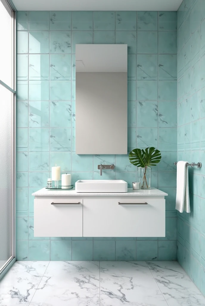 bathroom featuring a serene combination of aqua blue and white marble. The back wall is fully tiled in smooth, glossy aqua blue ceramic tiles arranged in a straight grid pattern. Centered along this tiled wall is a floating white vanity with a white marble countertop and an under-mount sink. Directly above the vanity hangs a large frameless mirror, extending nearly the full width of the vanity and reflecting soft natural light entering from a frosted glass window on the left wall.

To the right of the vanity, a chrome towel bar is mounted on the tiled wall, holding a neatly folded white towel. On the left side of the marble countertop, a rectangular glass tray holds a rolled white face towel and a small lit candle in a frosted glass holder. Positioned toward the right edge of the countertop is a tall, clear cylindrical vase containing a single green monstera leaf, which stands directly in front of the mirror.

The floor is finished in large-format white marble tiles with soft grey veining, laid in a staggered pattern. The chrome faucet is centered over the sink, with a single-lever handle located on the right. All fixtures are polished chrome, enhancing the overall brightness of the space. The elements are carefully arranged to create a symmetrical, refined, and spa-like atmosphere.