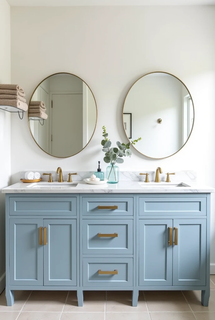 bathroom featuring a baby blue vanity centered along the back wall. The vanity has shaker-style cabinetry with brushed gold handles and a polished white marble countertop with soft grey veining. Above the vanity are two round frameless mirrors, each aligned with a section of the vanity below. A single gold faucet is installed in the center of the countertop, positioned between the two mirrors.

To the left of the faucet, a small white ceramic tray holds a rolled white hand towel and a clear glass soap dispenser. On the right side of the countertop, a short glass vase with a eucalyptus stem is placed directly in front of the right mirror. The vanity is framed by white-painted walls and stands on a light beige tiled floor arranged in a clean grid pattern.

Mounted on the wall above and to the left of the vanity is a narrow floating shelf that displays folded neutral-colored washcloths and a gold-trimmed candle. The bathroom features a soft, neutral palette, with the baby blue vanity serving as the central point of color and charm in the calm, inviting space.
