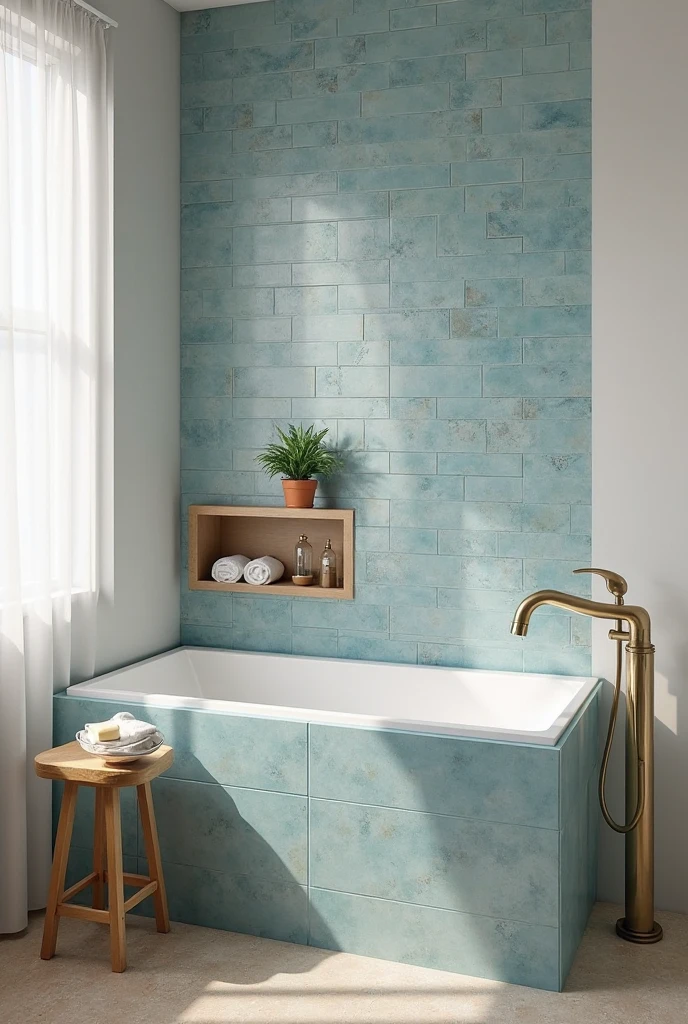 bathroom featuring a built-in rectangular bathtub wrapped entirely in handcrafted light blue zellige-style tiles with a matte finish. The tiles vary slightly in tone, creating a rich, organic texture around the tub that becomes the focal point of the space. The tiled surround extends to the wall behind the bathtub, forming a cohesive backsplash that rises to mid-wall height.

The freestanding tub filler in brushed brass is positioned on the right side of the tub, its curved spout arcing gently over the edge. To the left of the tub, a low wooden stool sits on the beige stone tile floor, holding a folded white towel, a small bar of soap on a ceramic dish, and a clear glass bottle with bath oil.

Mounted on the tiled backsplash, slightly left of center, is a narrow wooden shelf that holds a rolled linen towel, a single potted trailing plant in a terracotta pot, and a small white candle. A sheer white curtain partially covers a window on the left wall, allowing diffused natural light to illuminate the space and highlight the soft variations in the tile color. The entire layout centers on the bathtub, blending artisanal detail with relaxed luxury.
