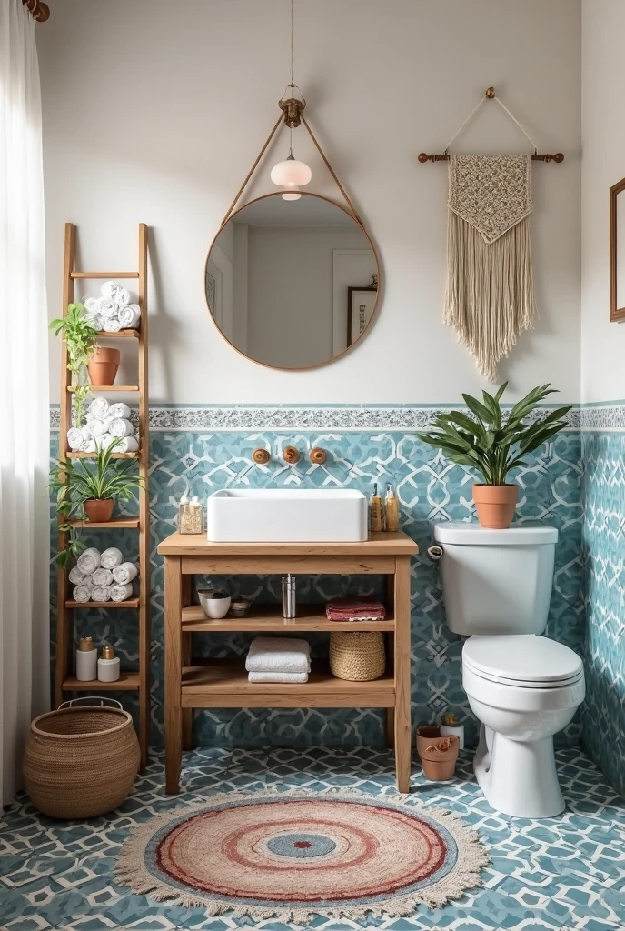 bathroom designed with a bohemian aesthetic featuring light blue Moroccan tiles covering the entire floor in a repeating geometric pattern. The back wall above the vanity is finished with matching light blue encaustic tiles forming a decorative backsplash that extends to mid-wall height. Centered on this wall is a round mirror with a teakwood frame, hanging above a white rectangular sink basin set on a natural teakwood vanity with open shelving below.

To the left of the vanity, a tall teakwood ladder shelf leans against the wall, holding rolled white towels on the lower rungs and a woven basket with toiletries on the top shelf. Directly above the toilet on the adjacent wall, a cream-colored macramé wall hanging adds texture and warmth. A small vintage-style rug with soft reds, blues, and earthy neutrals lies in front of the vanity, contrasting gently with the tiled floor.

Two terracotta pots, one placed to the right of the vanity on the floor and the other on the left side of the countertop, hold leafy green plants. A round woven basket sits beneath the vanity, storing extra towels. The lighting is soft and ambient, with sunlight filtering in through a sheer white curtain on the left window, completing the relaxed, earthy, and eclectic boho look.