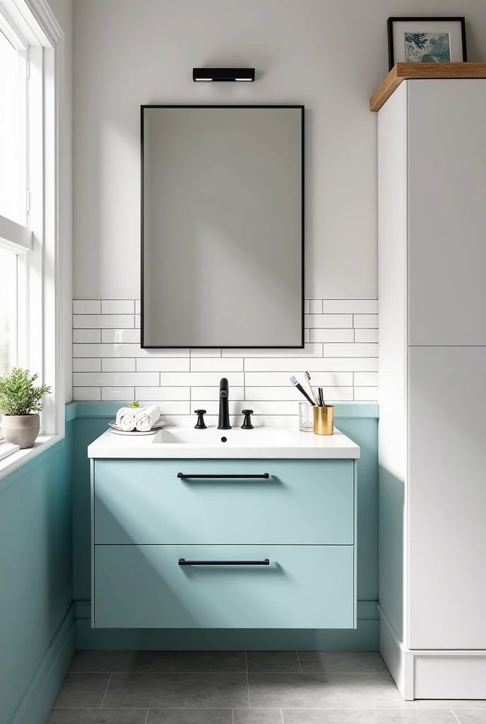 bathroom featuring a two-tone vanity cabinet centered along the back wall. The upper drawers and side panels of the vanity are painted bright white, while the lower cabinet doors and base are finished in a soft powder blue. The vanity has a clean, rectangular silhouette with flat panel doors and matte black bar-style handles, creating a bold contrast against the soft color palette.

A white quartz countertop spans the full width of the vanity, and a single undermount sink is positioned at the center. Directly above the sink hangs a large rectangular mirror with a slim black metal frame, centered on the wall. The backsplash behind the vanity is made of glossy white ceramic tiles laid in a horizontal stack pattern, rising approximately 18 inches above the countertop.

To the left of the sink, a round white ceramic tray holds a glass soap dispenser and a small potted succulent. To the right, a folded white hand towel is stacked neatly beside a brass cup with toothbrushes. The floor is covered in large, light gray tiles laid in a uniform grid.

To the right of the vanity, a tall white linen cabinet stands flush against the wall, visually aligned with the vanity and continuing the color-block theme. Above the linen cabinet, a narrow floating shelf made of natural wood displays a rolled towel and a small abstract framed print. Soft, ambient light enters through a frosted window positioned on the left wall, casting gentle shadows and enhancing the modern, symmetrical layout.
