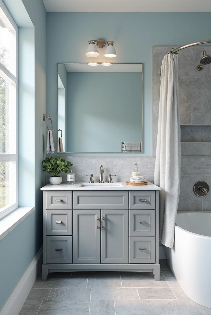 bathroom designed with a serene combination of soft light blue and gentle gray tones. The walls are painted a smooth matte light blue, creating a calming atmosphere throughout the space. Centered along the back wall is a gray shaker-style vanity with a matte finish, topped with a light gray stone-look quartz countertop. A rectangular under-mount sink is centered in the vanity, with a silver single-handle faucet positioned directly above it.

Above the vanity hangs a large frameless mirror, precisely aligned with the sink and stretching the width of the cabinet below. The backsplash consists of small, rectangular, pale gray ceramic tiles with a soft satin finish, arranged in a clean horizontal pattern and extending 12 inches above the countertop.

To the left of the vanity, a brushed silver towel ring holds a neatly folded light gray hand towel. On the countertop, to the left of the sink, sits a round white soap dish and a clear glass bottle with a silver pump dispenser. On the right side, a low ceramic planter contains a small, leafy green plant.

The floor is covered in large-format gray tiles with a subtle stone texture, laid in a staggered brick pattern. Along the right wall, a white bathtub with a curved edge is fitted with a pale gray linen shower curtain hanging from a ceiling-mounted silver rod. A soft, diffused glow enters the room through a frosted window on the left wall, completing the tranquil and elegant spa-like atmosphere.
