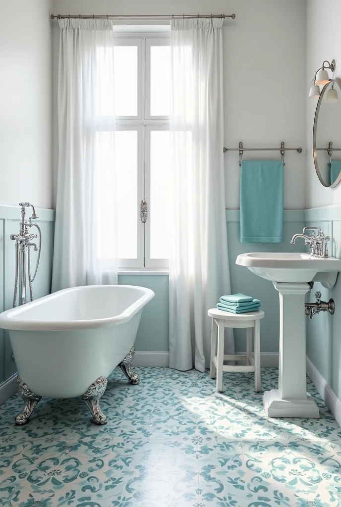 bathroom featuring vintage-style patterned floor tiles in shades of light blue and white, covering the entire floor in a repeating intricate Mediterranean floral and geometric motif. The walls are painted bright white with a smooth satin finish, creating a clean backdrop that highlights the decorative floor.

Centered along the left wall is a classic white clawfoot bathtub with polished chrome claw feet and a vintage-style chrome floor-mounted faucet with cross handles. The tub faces a large window dressed with simple white sheer curtains that softly diffuse natural light into the space. The curtains hang from a thin white rod and fall gently to just below the window sill.

To the right of the tub, a white pedestal sink with chrome cross-handle faucets stands against the wall, topped by a round frameless mirror hung at eye level. A white wooden stool sits next to the pedestal sink holding a folded white towel and a small ceramic soap dish. On the opposite wall, a chrome towel rack mounted at mid-height holds two neatly folded light blue towels, matching the tile colors below. The bathroom feels nostalgic and charming, with carefully placed vintage details and a soothing light blue palette that invites relaxation and warmth.
