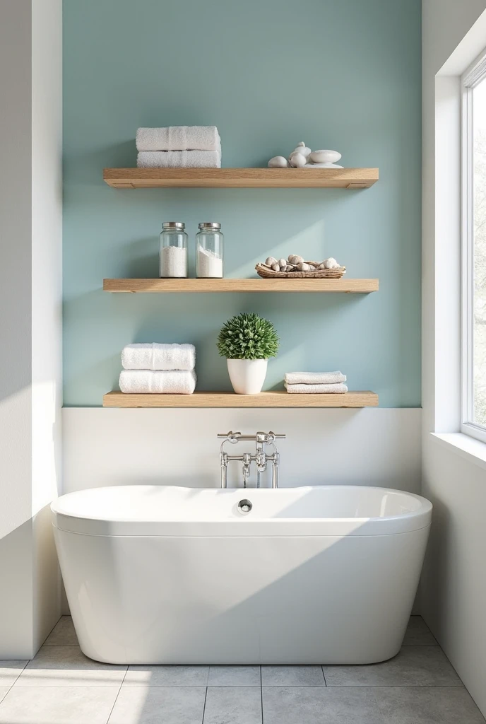 bathroom featuring open shelving units centered on the back wall. The wall behind the shelves is painted a soft pastel blue, creating a gentle backdrop that highlights the shelving as a design focal point. The shelves consist of three floating wooden planks with a natural light oak finish, evenly spaced vertically with equal gaps between them.

On the bottom shelf, neatly rolled white towels are stacked on the left side, while the right side holds a small cluster of smooth driftwood pieces arranged artfully. The middle shelf features two clear glass jars with silver lids placed side by side on the left, filled with bath salts and cotton balls. On the right side, a white ceramic bowl holds a collection of small seashells.

The top shelf has a small potted green succulent plant in a simple white pot placed in the center, flanked by two neatly folded cream-colored linen washcloths on each side. To the left of the shelving unit, a white freestanding bathtub with curved edges sits against a crisp white wall, its chrome faucet and handheld shower mounted on the right edge. The floor is covered with large pale gray tiles arranged in a clean grid, complementing the soft blue accent wall. Soft natural light enters from a frosted window on the right, casting gentle shadows across the shelves and bathtub. The space feels airy, functional, and visually balanced.
