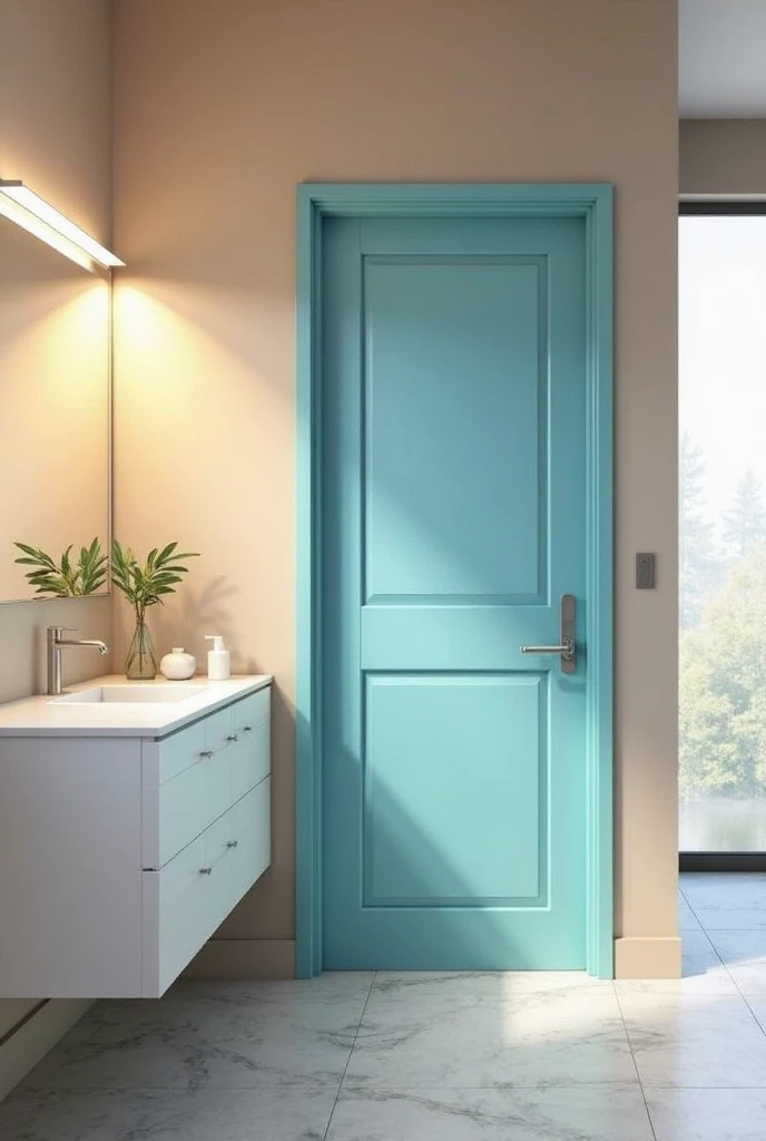 bathroom featuring a striking aqua blue painted door as the focal point. The door, centered on the right wall, is a classic panel style with four recessed rectangles and a matte finish that showcases the vibrant aqua hue. The door has a polished chrome lever handle positioned on the right side at standard height.

The surrounding walls are painted a soft warm beige with a smooth satin finish, creating a neutral and calming backdrop that enhances the door’s bold color. To the left of the door, a white floating vanity with clean lines and flat-front drawers stands against the beige wall. The vanity is topped with a white quartz countertop with subtle gray veining and features a rectangular under-mount sink centered beneath a frameless rectangular mirror.

Above the vanity, a matte chrome faucet is centered with the sink. On the countertop, to the left, rests a white ceramic soap dispenser, and to the right, a small clear glass vase holds a single green leaf. The floor is covered in large, light gray porcelain tiles laid in a staggered pattern. Soft natural light enters from a frosted window opposite the door, casting gentle illumination across the room and emphasizing the refreshing aqua door as a bold but balanced design element.
