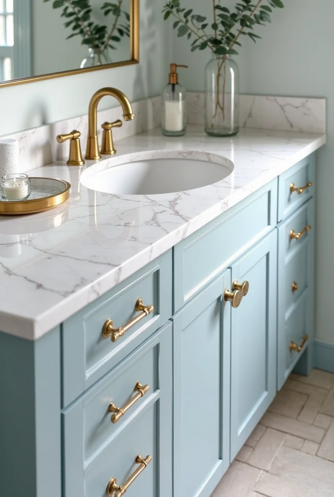 bathroom captured from a low-angle perspective near the corner of the countertop, looking diagonally across the vanity. The focal point is a luxurious white marble countertop with subtle, elegant veins of soft blue running naturally throughout the surface, creating a sophisticated and organic pattern. The countertop edges are beveled, adding refined craftsmanship.

Below the countertop, pale blue shaker-style cabinets with a matte finish stretch along the back wall, featuring warm brushed brass handles that contrast gently with the cool tones. Centered on the countertop is an under-mount white porcelain sink with a polished gold faucet, its curved spout and dual cross handles catching the soft ambient light.

To the left of the sink, a gold-rimmed ceramic tray holds a small white rolled towel, a gold soap pump, and a delicate glass jar with cotton swabs. On the right side, a tall clear glass vase with eucalyptus stems adds natural freshness, positioned just beneath a large frameless mirror that reflects part of the pale blue wall and brass accents.

The floor is covered in light beige stone tiles with a matte finish, arranged in a subtle herringbone pattern visible at the bottom edge of the frame. The overall view emphasizes the intricate veining in the marble, the texture of the cabinetry, and the harmonious interplay of soft blue and warm metals, capturing an elegant, timeless bathroom setting from an engaging, intimate angle.