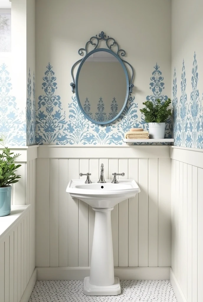 bathroom captured from a high-angle, slightly tilted perspective focusing on the upper half of the white walls decorated with delicate baby blue damask stencils. The stenciled pattern repeats gracefully across the walls, adding subtle texture and visual depth without overwhelming the space. The base wall color is a soft cream with a matte finish, enhancing the gentle contrast of the baby blue design.

Below the stencil work, a crisp white wainscoting with simple rectangular paneling runs horizontally along the lower third of the walls, adding architectural interest and balance. Centered on the back wall is a small white pedestal sink with a smooth curved basin and classic chrome cross-handle faucets. Above the sink hangs an oval mirror with a thin baby blue frame that complements the stenciled pattern.

To the right of the sink, a small white floating shelf is mounted on the wall, holding a neatly folded cream towel, a white ceramic soap dish, and a small potted fern in a light blue glazed pot. The floor is covered with small hexagonal white tiles featuring light gray grout lines, visible in the lower part of the frame. Soft natural light filters in through a partially visible frosted window to the left, casting gentle shadows that emphasize the textured stencil design and cozy scale of this charming powder room.