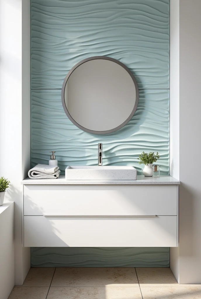 bathroom captured from a low front-facing angle, looking upward slightly toward the vanity wall to emphasize texture and depth. The focal point is a striking wave-patterned textured accent wall behind the vanity, finished in soft light blue. The 3D wall panels span the entire width and height of the back wall, with gentle horizontal wave contours that create a sense of movement and serenity as light grazes across the surface.

Centered against the accent wall is a floating white vanity with flat-front drawers and a clean, minimal design. The vanity is topped with a white quartz countertop with soft gray veining, and a rectangular under-mount sink is positioned exactly in the center. Above the sink, a frameless round mirror is mounted directly against the wave-patterned surface, its reflective surface contrasting with the undulating backdrop.

A brushed nickel faucet with a curved spout and dual handles is centered on the countertop, directly below the mirror. To the left of the sink, a white ceramic soap dispenser and a small glass jar with a lid sit neatly side by side. On the right side of the vanity, a pale gray folded towel rests next to a small white ceramic planter containing a compact green plant.

The side walls are smooth and painted bright white, providing a clean contrast to the textured accent wall. The floor is finished with large beige tiles arranged in a subtle herringbone pattern, visible in the foreground of the image. Soft natural light streams in from a nearby window on the left, casting delicate shadows along the wave-patterned panels and enhancing the elegant, sculptural look of this designer-forward space.
