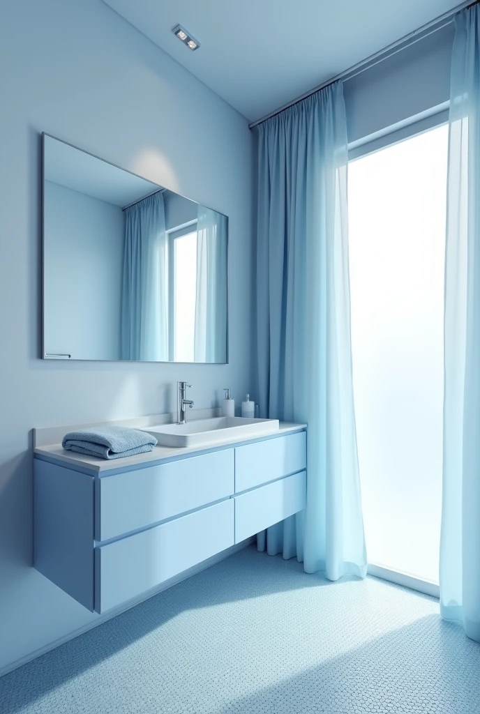 bathroom captured from a wide-angle, corner perspective looking diagonally across the space to emphasize depth and tonal layering. The entire room is designed in a minimalist monochrome palette, featuring multiple shades of light blue. The walls are painted in a pale powder blue with a smooth matte finish, while the ceiling is a slightly cooler, misty blue tone, subtly differentiating itself from the walls without breaking the flow.

The floor is covered in small-format light blue mosaic tiles with varying hues that shift gently between soft sky and ice blue, creating a shimmering, textural base. Centered along the back wall is a floating vanity finished in matte pastel blue, topped with a seamless integrated sink in the same tone. A sleek chrome faucet is installed directly above the basin, with no visible knobs or handles, reinforcing the clean-lined aesthetic.

Above the vanity, a frameless rectangular mirror is flush-mounted to the wall, reflecting the opposite pale blue surfaces. To the right, a floor-length sheer curtain in muted blue hangs from a hidden ceiling track, partially veiling a frosted glass window and diffusing natural light across the room.

On the vanity, a single soft blue towel is folded neatly next to a matte white soap dispenser. No additional decor is visible, allowing the shades of blue, the natural textures, and the modern silhouette to define the space. The result is a calming, visually immersive bathroom with a contemporary and monochrome style that feels serene, intentional, and perfectly balanced.