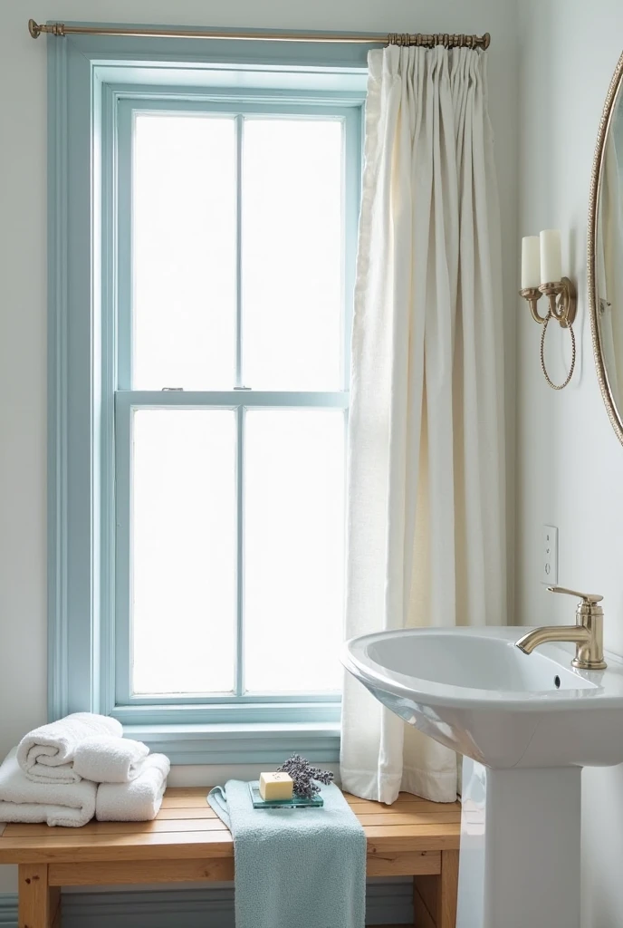 bathroom captured from a slightly elevated corner angle, focusing on a tall frosted glass window with smooth trim painted in soft pastel blue. The window is framed by semi-sheer white linen curtains hanging from a slim brass rod, tied to one side to highlight the blue trim. The walls are painted crisp white with a satin finish, creating a clean contrast.

Beneath the window sits a natural wood bench. On the left side of the bench are two neatly folded white towels, while a light blue hand towel is draped over the right edge. A small ceramic dish with a bar of soap and dried lavender rests in the center. To the right, part of a white pedestal sink and a frameless round mirror are visible. The mirror reflects a portion of the blue trim. The floor is finished in pale beige stone tile with a light blue bath mat in front of the sink. The space feels airy, charming, and fresh.
