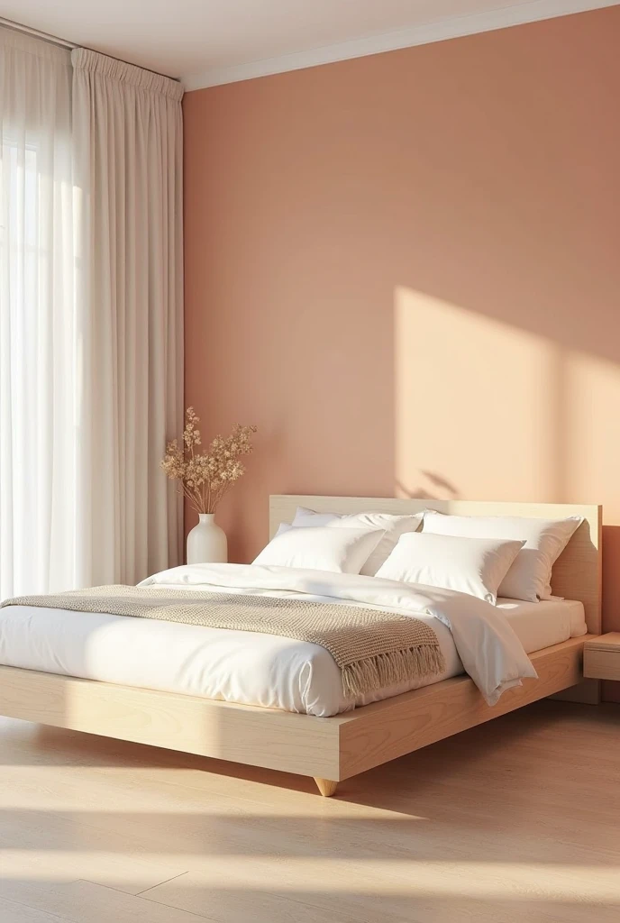 minimalist peach bedroom viewed from a wide-angle, slightly elevated corner perspective near the ceiling, capturing the entire bed and accent wall. The focal point is a muted peach-painted accent wall behind a light oak platform bed with clean, low lines. The bed is dressed in crisp white bedding with soft folds and a neatly arranged textured cream throw blanket at the foot. On the right side of the bed is a sleek, low-profile nightstand in light wood, holding a single off-white ceramic vase with beige dried flowers. The floor is a pale natural wood, uncluttered and spotless. Soft natural light pours in from a large unseen window to the left, casting a gentle glow on the peach wall and creating subtle shadows. The overall palette is warm and calming, dominated by soft peach, white, light oak, and subtle earthy tones. The room has a peaceful, spacious, and airy atmosphere with no visible light fixtures, no additional clutter, and no artwork or decorations—pure minimalist serenity.