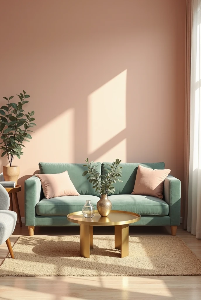 peach and sage living room, viewed from a seated eye-level angle in the far corner, showcasing the harmonious layout and color palette. The walls are painted in a soft, pale peach tone that glows gently in natural daylight filtering in from a large window on the right, covered with sheer white curtains that diffuse the sunlight. Centered in the room is a plush sage green velvet sofa with a deep seat and wide arms. On the sofa are neatly arranged throw pillows—half in soft peach fabric, the others in sage, creating a balanced, symmetrical look.

In front of the sofa is a round matte gold coffee table with a brushed finish, standing on a large, natural jute rug that covers most of the light wood floor. On the table is a clear glass vase filled with fresh eucalyptus branches, their green-gray leaves adding texture and height to the composition. A second smaller glass vase sits beside it, catching the light. The background includes a neutral-toned armchair with tapered wooden legs to the left, and a low wooden console table against the peach wall, topped with stacked books and a small sculptural object. The scene feels earthy, tranquil, and modern, with each element carefully chosen to reinforce a sense of soft, stylish balance.
