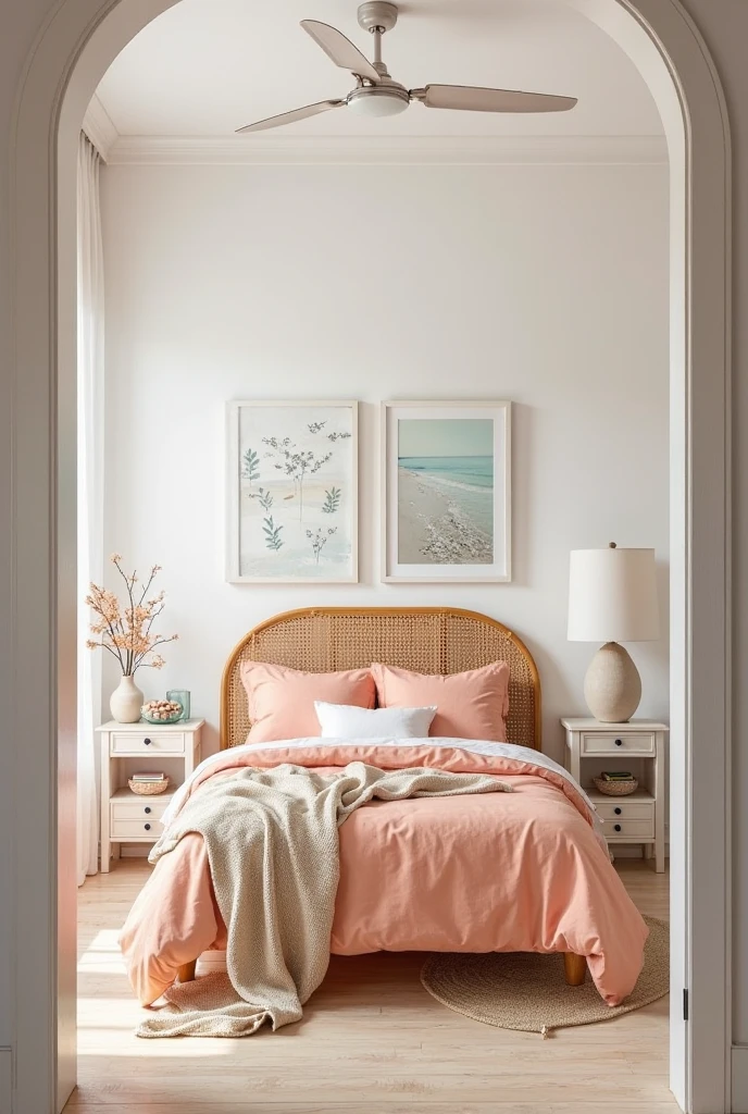 coastal peach guest room, viewed from a standing angle at the doorway. The walls are whitewashed with a slightly textured finish. Centered on the far wall is a bed with a curved rattan headboard. The bed is styled with a soft peach linen duvet, pale coral cushions, and a woven cream throw draped across the foot. On each side of the bed are whitewashed wooden nightstands. One nightstand holds a ceramic lamp with a white linen shade and a small framed seascape, while the other has a glass bowl of seashells and stacked books. Above the bed are two framed prints featuring soft seafoam and light blue abstract patterns. To the left, sheer white curtains hang from a slim rod, letting sunlight stream into the room. A white ceiling fan with sleek blades is mounted above for airflow. The floor is pale wood with a jute rug beneath the bed, adding warmth and texture. The space feels airy, calm, and welcoming with a subtle coastal theme.