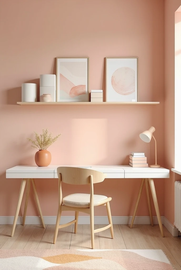 Scandinavian peach workspace, viewed from a slightly low, angled perspective near the corner to reveal the desk and shelving area. One wall is painted in a soft, muted peach tone, providing a warm backdrop. Against this wall sits a sleek white desk with clean, straight lines and a smooth matte finish. On the desk is a terracotta ceramic lamp with a simple, rounded shade, casting a gentle glow.

Above the desk are two floating shelves in light wood, neatly arranged with a few minimal white storage boxes and framed art prints featuring abstract designs with subtle peach accents. A light wood chair with a simple Scandinavian design and a gently curved back is positioned neatly in front of the desk. The floor is light hardwood, partially covered by a soft abstract area rug in muted beige, peach, and cream tones. The space is uncluttered and bright, with soft natural light coming from an unseen window, creating a fresh, functional, and uplifting atmosphere perfect for focused work.
