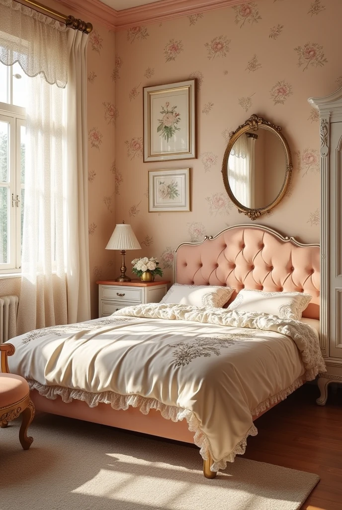 vintage peach bedroom, viewed from a slightly elevated corner angle near the doorway, capturing the full bed and surrounding décor. The walls are covered in muted peach floral wallpaper with delicate cream accents, creating a soft nostalgic backdrop. Centered against the main wall is a bed with a tufted peach velvet headboard featuring gentle curves and button details. The bed is dressed in ruffled cream bedding with embroidered patterns and lace trim.

To the right of the bed stands a distressed white armoire with visible wood texture and vintage-style hardware. Beside the bed is an antique peach vanity chair with carved wooden legs and a plush cushioned seat. Sheer lace curtains with intricate embroidery hang from a brass rod over tall windows, softly diffusing warm daylight. Above the bed, a brass-framed oval mirror reflects the room’s gentle light. A scalloped-edge porcelain lamp with a pleated cream shade sits on a small wooden nightstand. Classic vintage art prints in cream and peach tones hang on the walls. The floor is warm wood with a delicate cream rug, completing the timeless, charming retreat.Photorealistic, beautiful and detailed image of a vintage peach bedroom, viewed from a slightly elevated corner angle near the doorway, capturing the full bed and surrounding décor. The walls are covered in muted peach floral wallpaper with delicate cream accents, creating a soft nostalgic backdrop. Centered against the main wall is a bed with a tufted peach velvet headboard featuring gentle curves and button details. The bed is dressed in ruffled cream bedding with embroidered patterns and lace trim.

To the right of the bed stands a distressed white armoire with visible wood texture and vintage-style hardware. Beside the bed is an antique peach vanity chair with carved wooden legs and a plush cushioned seat. Sheer lace curtains with intricate embroidery hang from a brass rod over tall windows, softly diffusing warm daylight. Above the bed, a brass-framed oval mirror reflects the room’s gentle light. A scalloped-edge porcelain lamp with a pleated cream shade sits on a small wooden nightstand. Classic vintage art prints in cream and peach tones hang on the walls. The floor is warm wood with a delicate cream rug, completing the timeless, charming retreat.