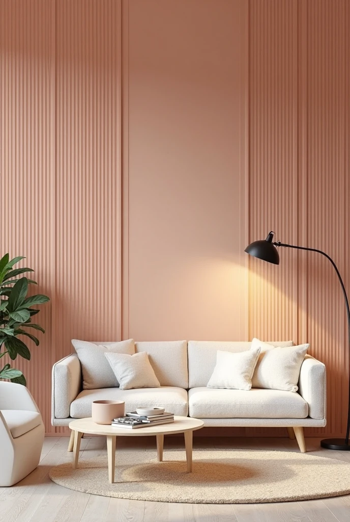 modern interior featuring textured peach wall panels, viewed from a wide, slightly angled front perspective that centers on the accent wall and surrounding furniture. The wall is clad in vertical fluted panels painted in a soft, warm peach tone with a matte finish, creating a subtle play of light and shadow across the grooves. Positioned against this feature wall is a low-profile modern sofa in off-white boucle fabric with clean, straight lines and neutral cushions.

To the right of the sofa stands a sculptural floor lamp with a slim black base and a large, curved white shade, casting a soft ambient glow onto the peach wall. A minimalist coffee table in pale wood with rounded edges sits in front of the sofa, holding a ceramic bowl and a stack of design books. A textured beige area rug covers the pale wood floor, grounding the seating area. To the left, a modern white armchair with angular legs complements the space. The fluted peach wall becomes the visual centerpiece, enhanced by balanced textures and understated modern decor.