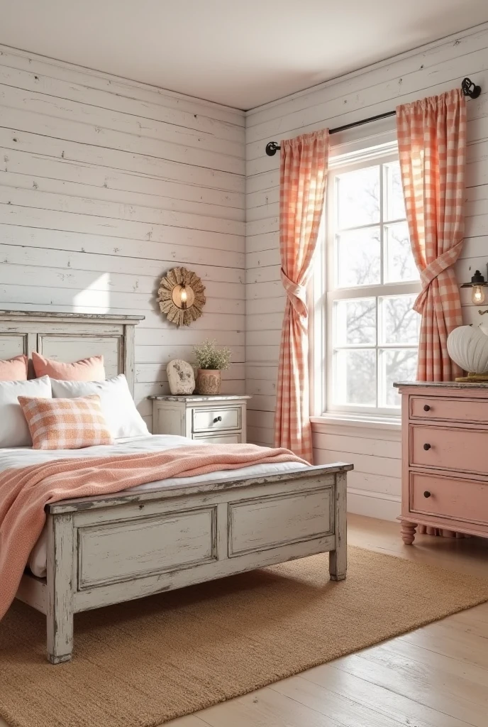 rustic peach farmhouse bedroom, viewed from a slightly elevated corner angle that captures the bed, dresser, and architectural features. The walls are covered in horizontal white shiplap with visible wood texture, creating a bright and rustic backdrop. Centered in the room is a wooden bed frame in a weathered white finish, topped with white bedding and a folded peach throw blanket at the foot. The bed is accented with a mix of white and peach gingham pillows.

To the right of the bed stands a distressed peach dresser with worn edges and vintage-style hardware. Above it hangs an antique metal-framed mirror flanked by two small galvanized wall sconces with Edison bulbs. Gingham curtains in soft peach and white hang on either side of a large window, tied back neatly to let in natural light. The floor is light wood with a natural jute rug beneath the bed, completing the warm, nostalgic atmosphere with peach tones and rustic charm.